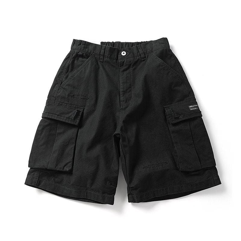 Men’s Summer Cargo 5‑Inch Shorts, American High‑Street Vibe Style, Solid Color, Ripped & Patchwork Design, Loose Casual Fit