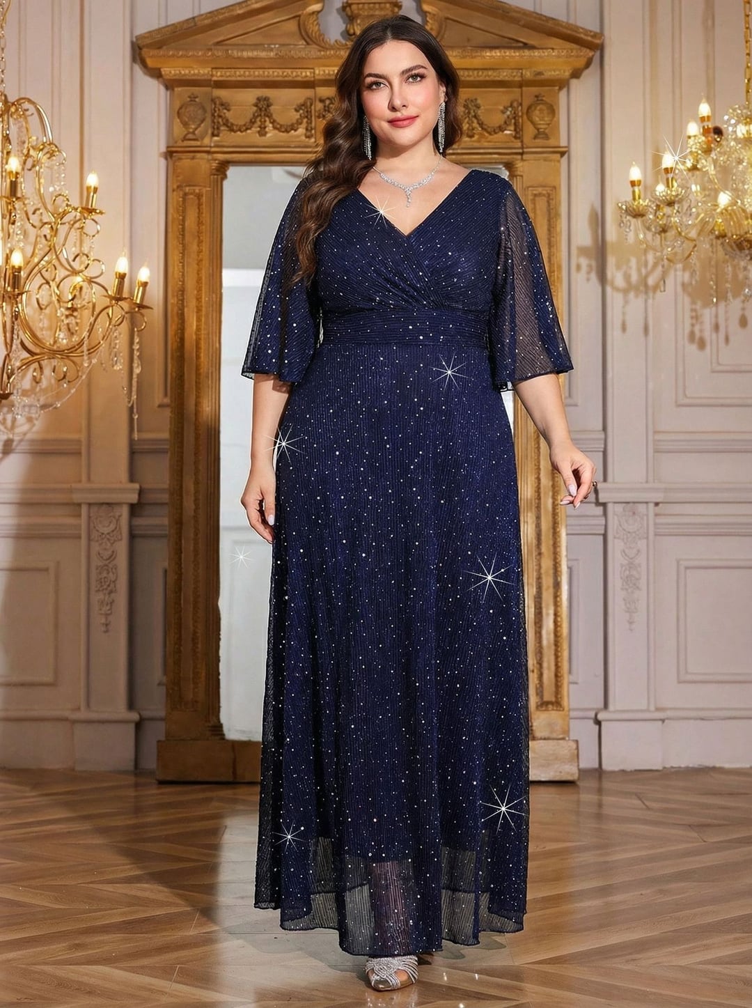 Plus Size Women European Style V-neck Long Sleeve Slit Sequin Elegant Dress