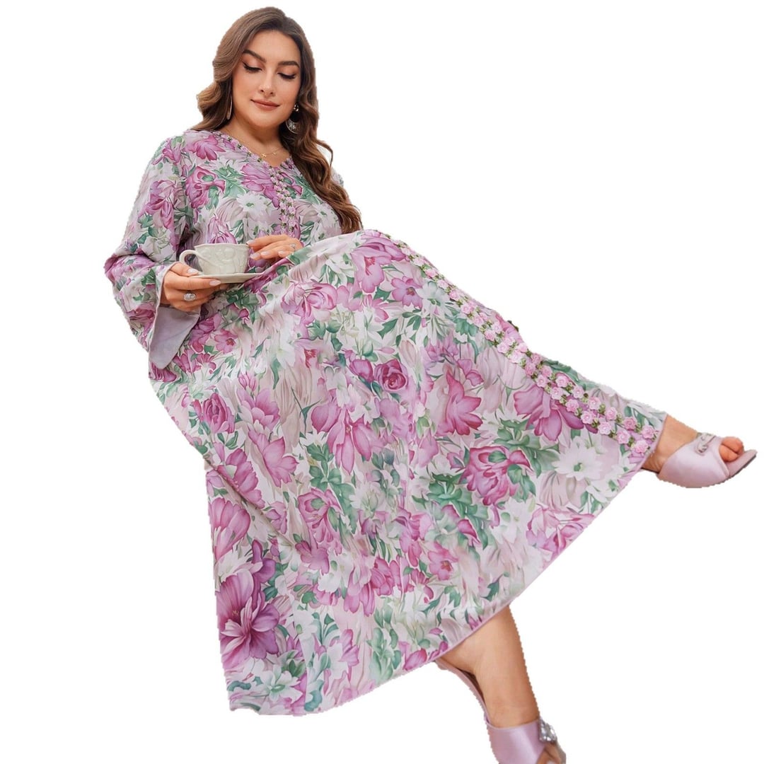 Plus Size Women Long Robe, V-Neck Embroidered Lace Trim, Best Seller Casual Long Dress