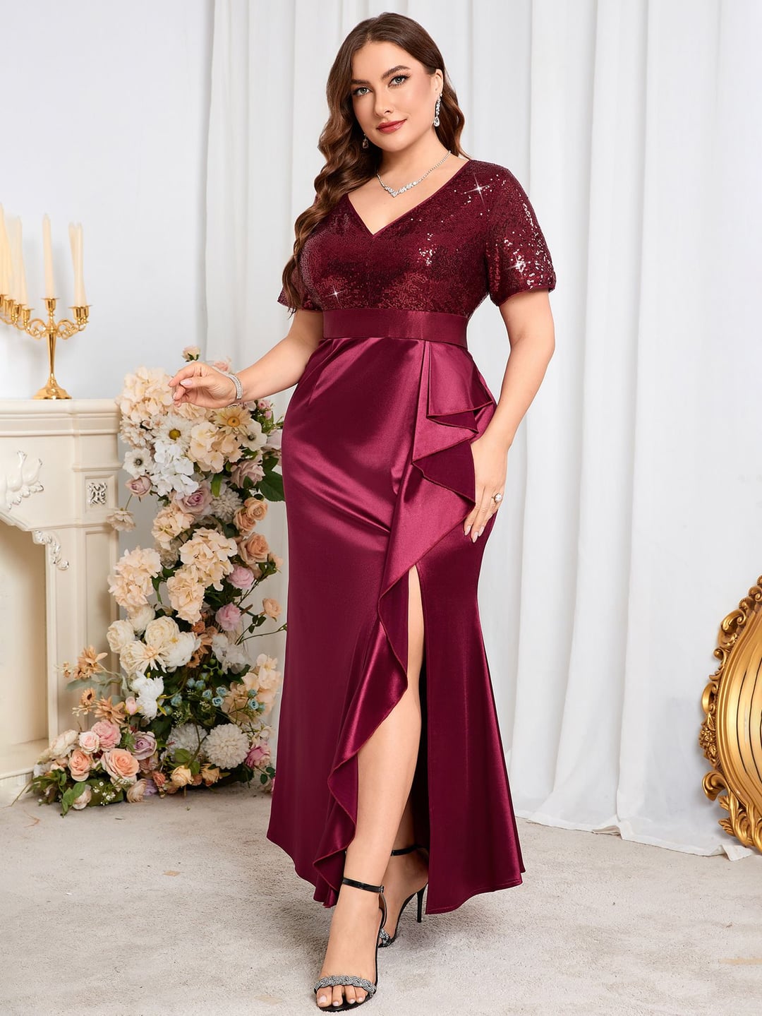 Plus Size Women V-Neck Short Sleeve Split Sequin Elegant Dress