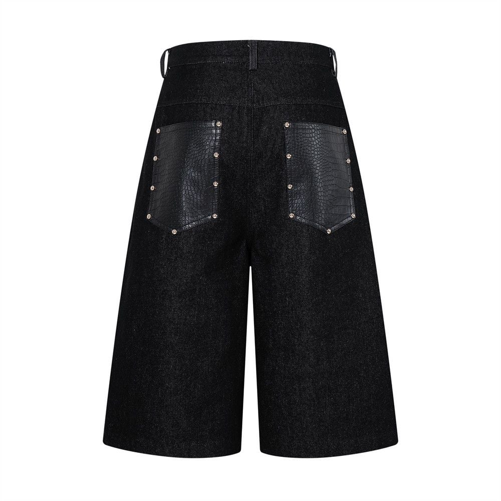 Men’s Summer Design‑Forward Denim 5‑Inch Shorts, Stud & Croc‑Embossed PU Leather Splicing, Button‑Placket Straight‑Cut High‑Street Trendy Shorts