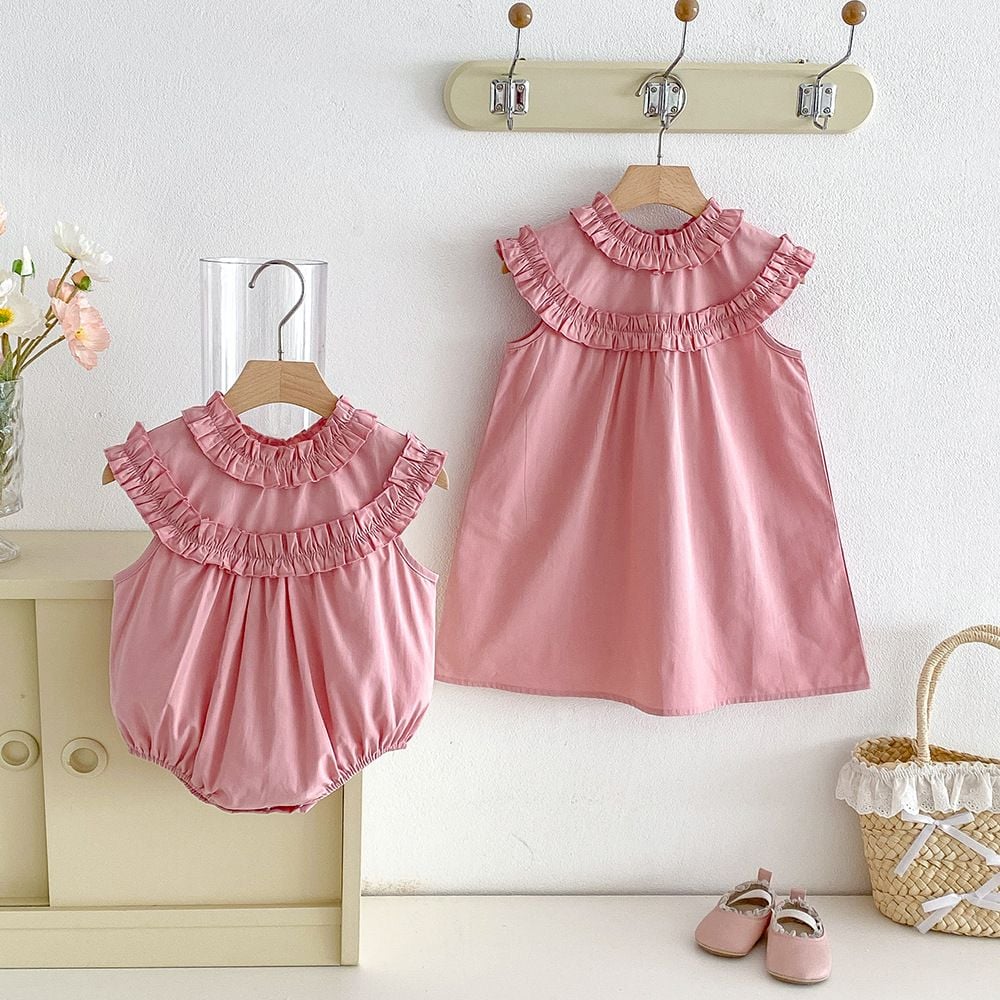 Baby Girls Korean Style Sleeveless Romper, Ruffle Neck Dress Bodysuit, Summer Casual Wear