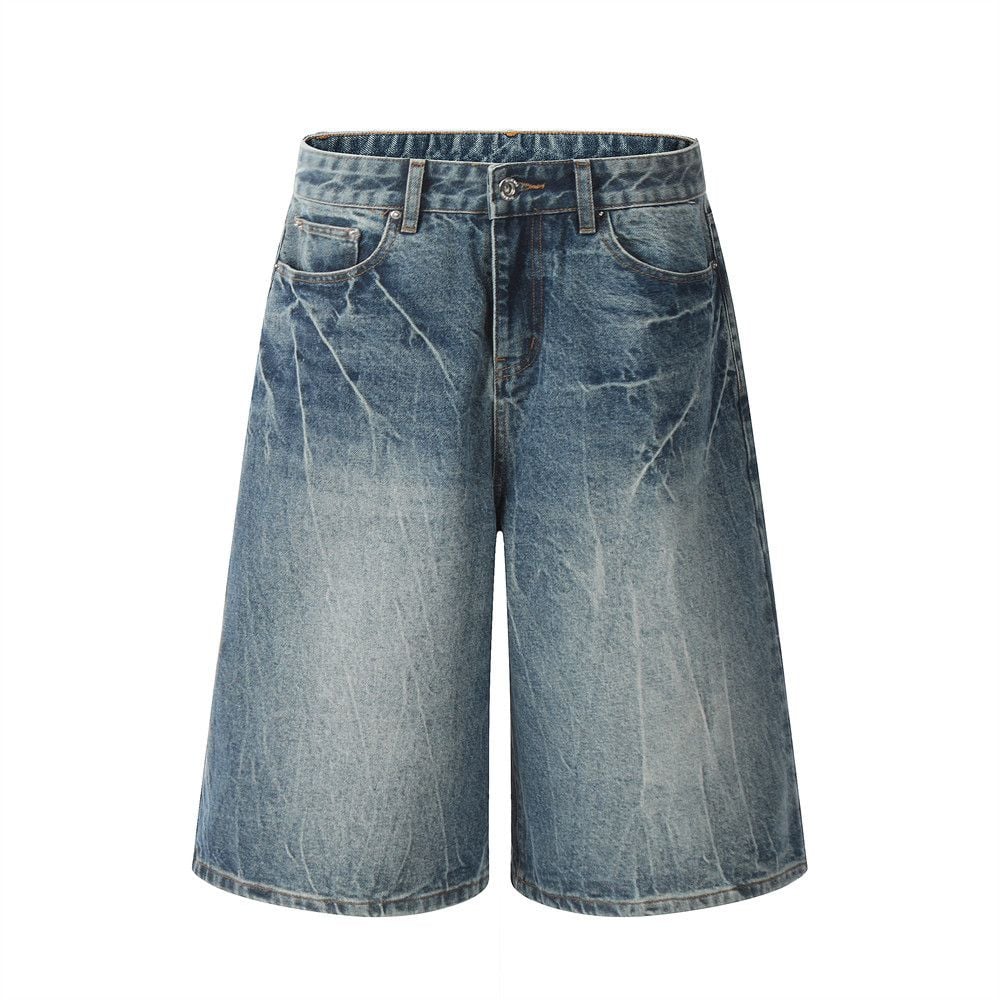 Men’s Washed Faded Denim 5‑Inch Mid Shorts, Vintage Distressed Finish, Loose Wide‑Leg Straight‑Cut Casual Cargo Streetwear Shorts