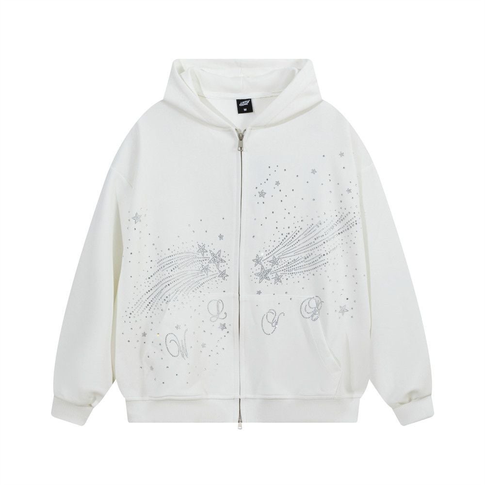 Men Starry Bling Hot‑Fix Rhinestone Hooded Zip‑Up Cardigan, Hip‑Hop Street‑Style Unique Double‑Slider Zipper Sweatshirt Jacket for Spring Autumn