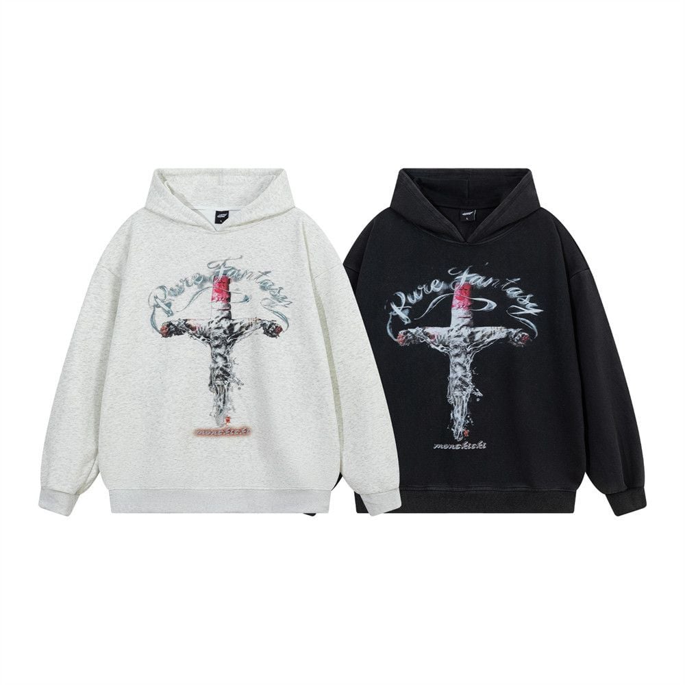 Men Creative Cross Graphic Print Pullover Hoodie, Vibe Hip‑Hop Street‑Style Loose Sweatshirt With Patch Pockets for Spring Autumn