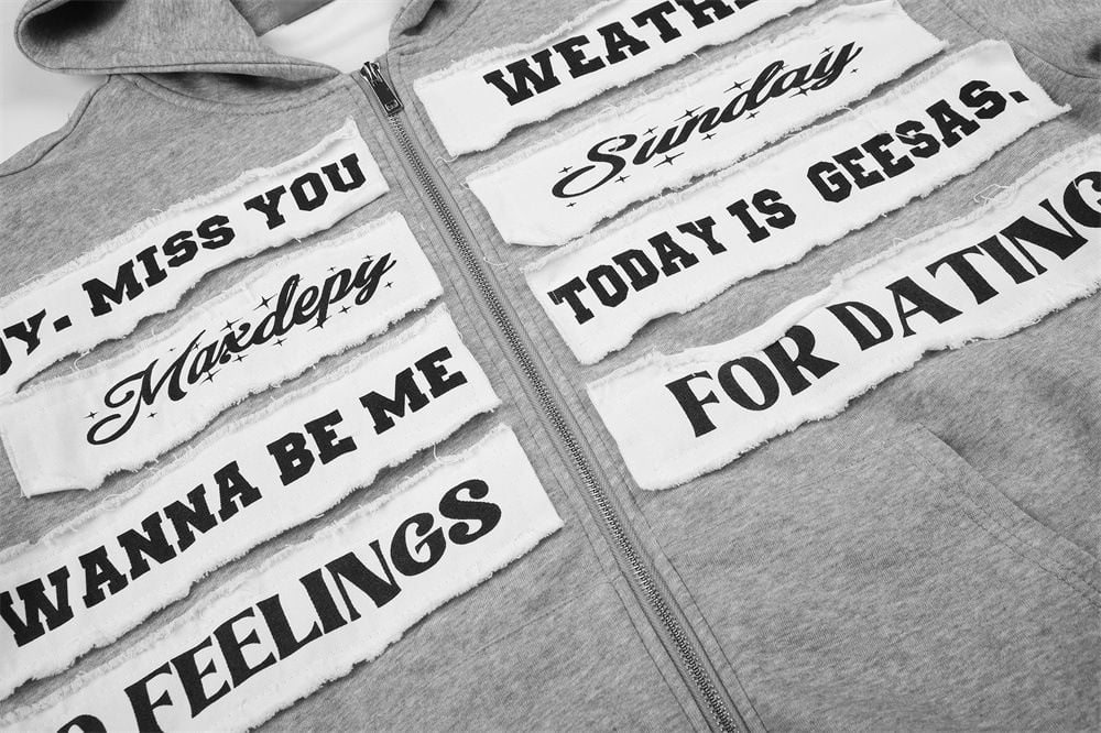 Men Niche Design Streetwear Hoodie Jacket, Distressed Letter Applique Embroidery Loose Casual Sweatshirt for Spring Autumn