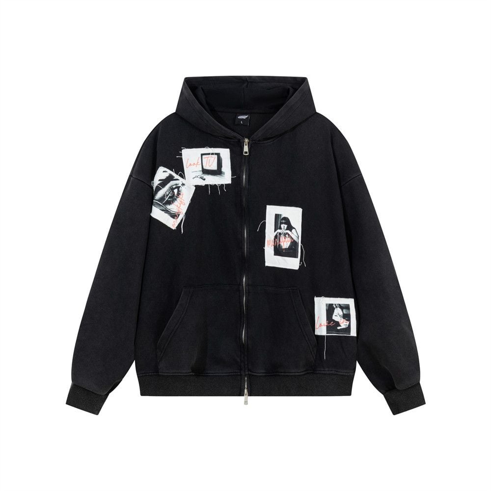 Men’s Color‑Block Patchwork Washed Zip‑Up Hoodie, Hip‑Hop Streetwear Two‑Way Zipper Jacket