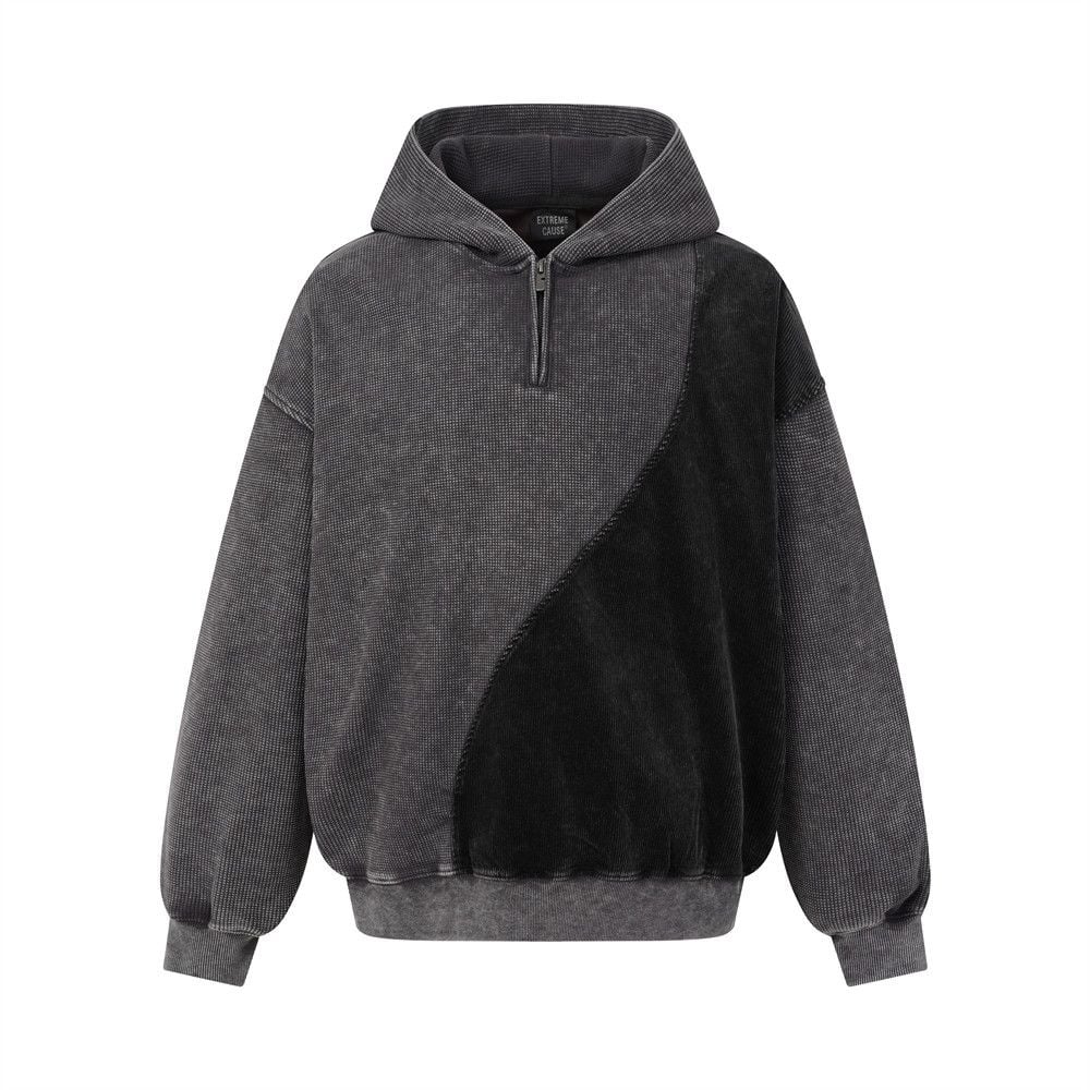 Men’s Washed Vintage Half‑Zip Hoodie, Irregular Color‑Block Splicing Streetwear Sweatshirt