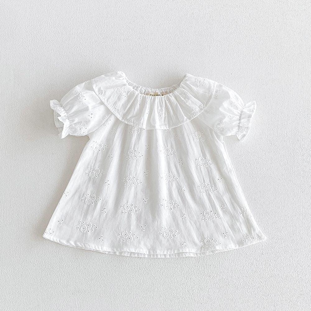 Baby Girl White Cotton T‑Shirt Cute Ruffle Collar Puff Short Sleeve Breathable Kids Top