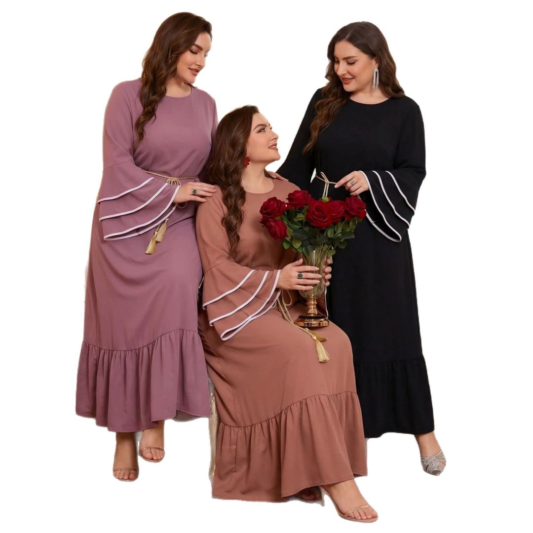 Plus Size Women Ethnic Style Long Loose Dress With Golden Waist Belt