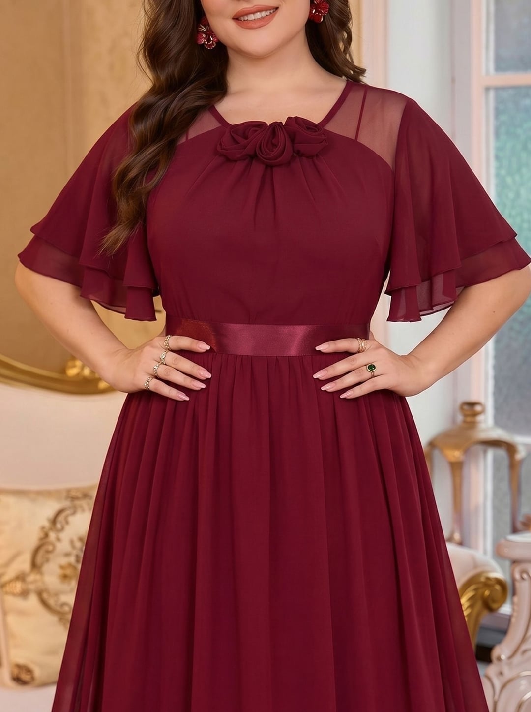European & American Round Neck 3D Flower Chiffon Evening Dress