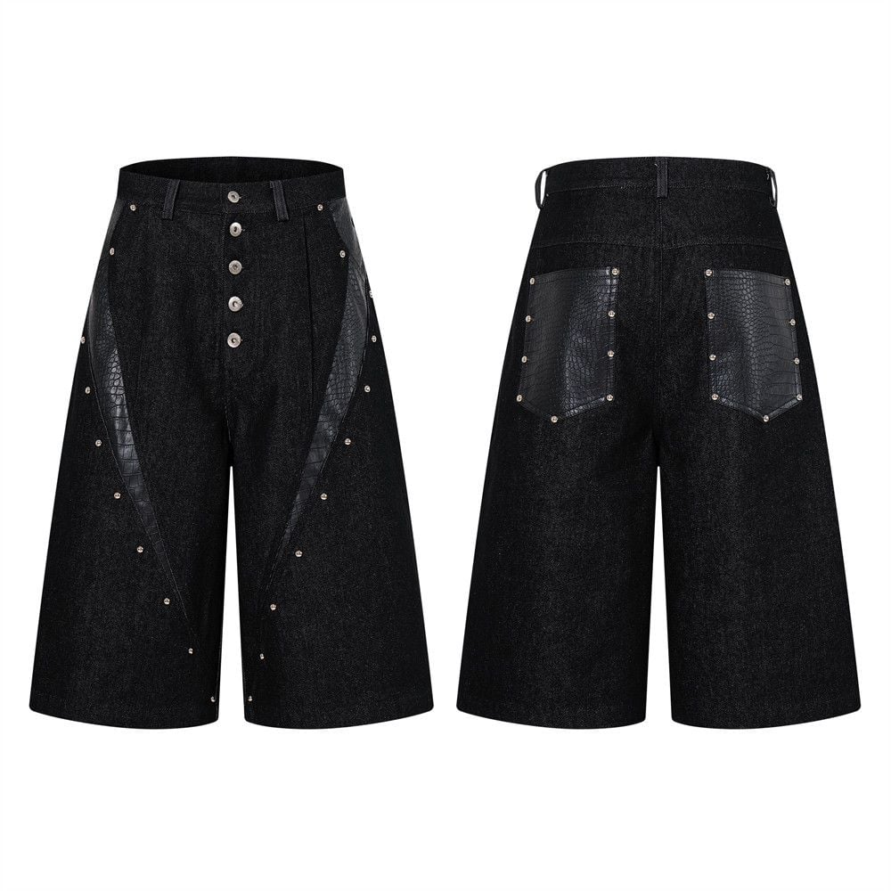 Men’s Summer Design‑Forward Denim 5‑Inch Shorts, Stud & Croc‑Embossed PU Leather Splicing, Button‑Placket Straight‑Cut High‑Street Trendy Shorts
