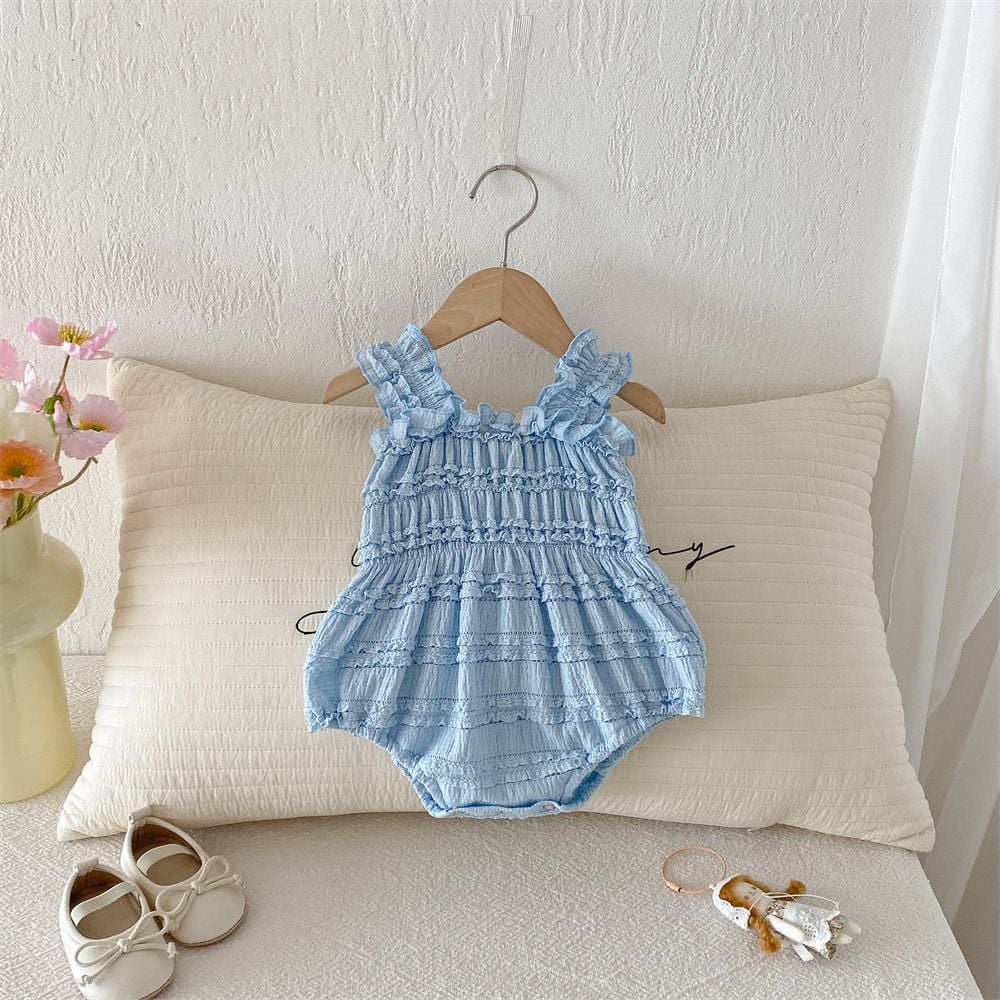 Korean Style Baby Girls Cami Romper, Lace Trim Sleeveless Bodysuit Thin Triangle Onesie for Summer