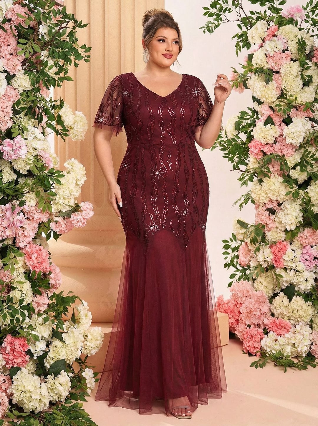 Plus Size Sequin Patchwork Mesh V-Neck Short Sleeve Evening Dress