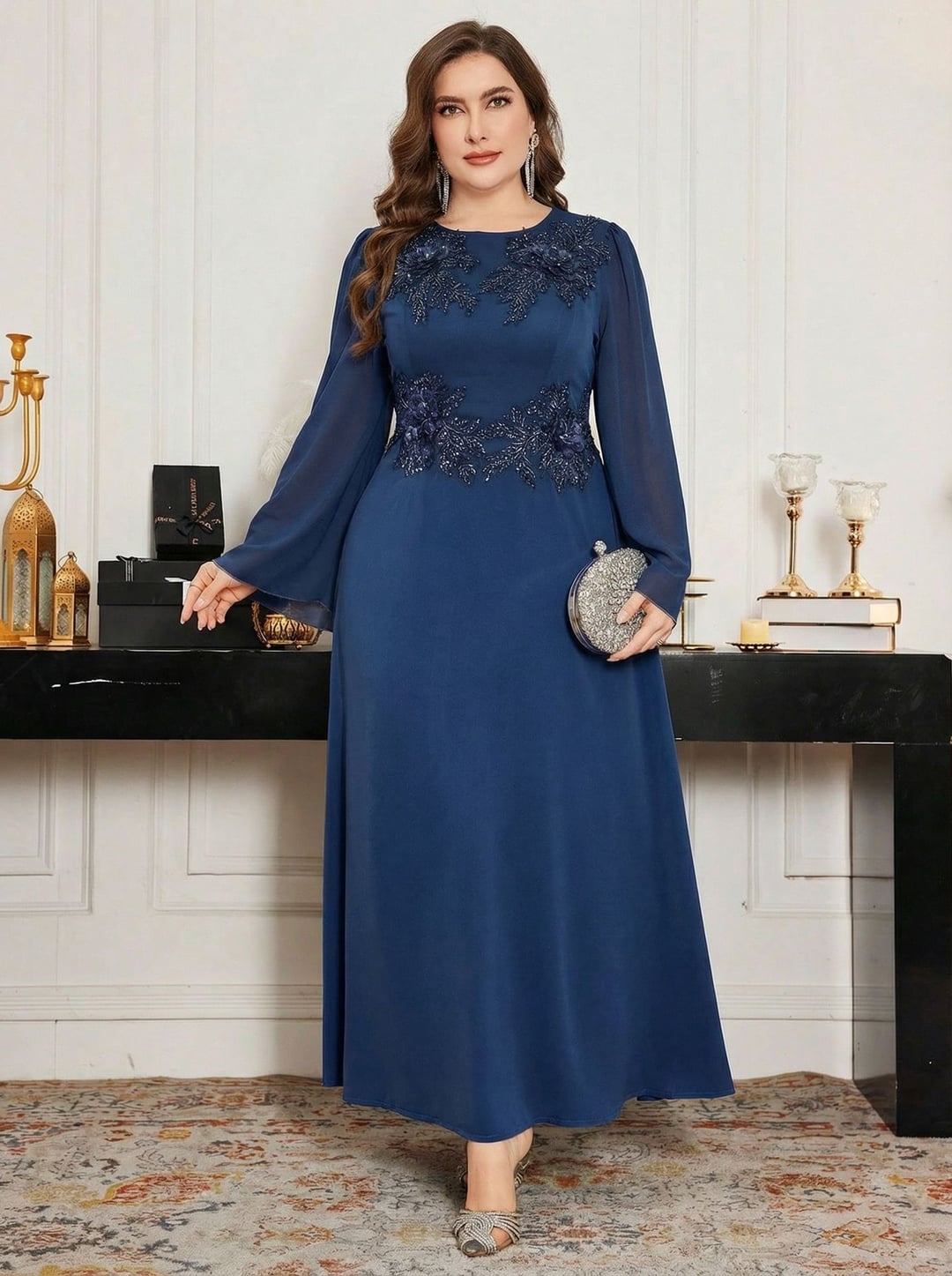 Elegant Plus Size Sequin Bridesmaid Gown, Round Neck Pearl Beaded Evening Dress
