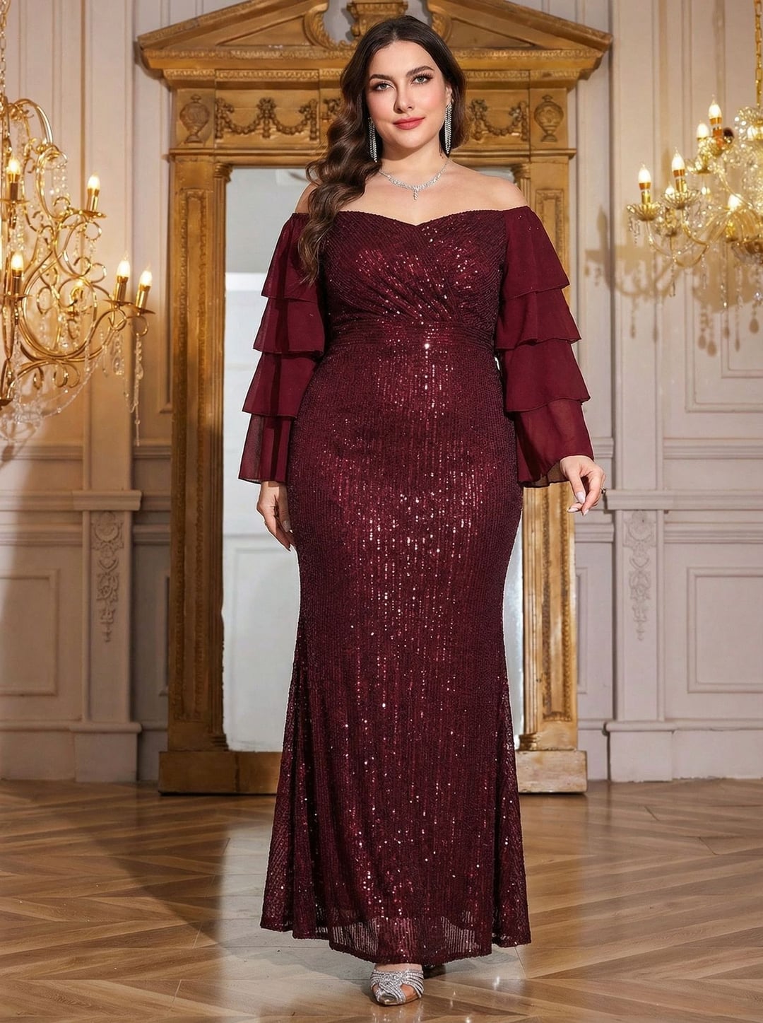 Plus Size Women Off Shoulder Cake Sleeve Dress, Elegant European American Style
