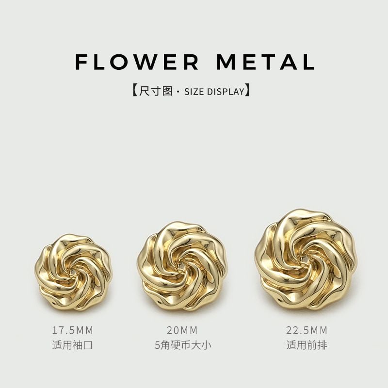 3D flower metal buttons, simple rose shaped fasteners