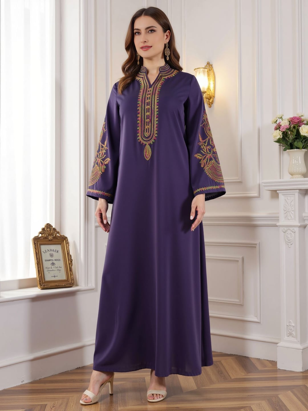 Plus Size Ethnic Loose Long Dress With Colorful Sequin Lace Decoration