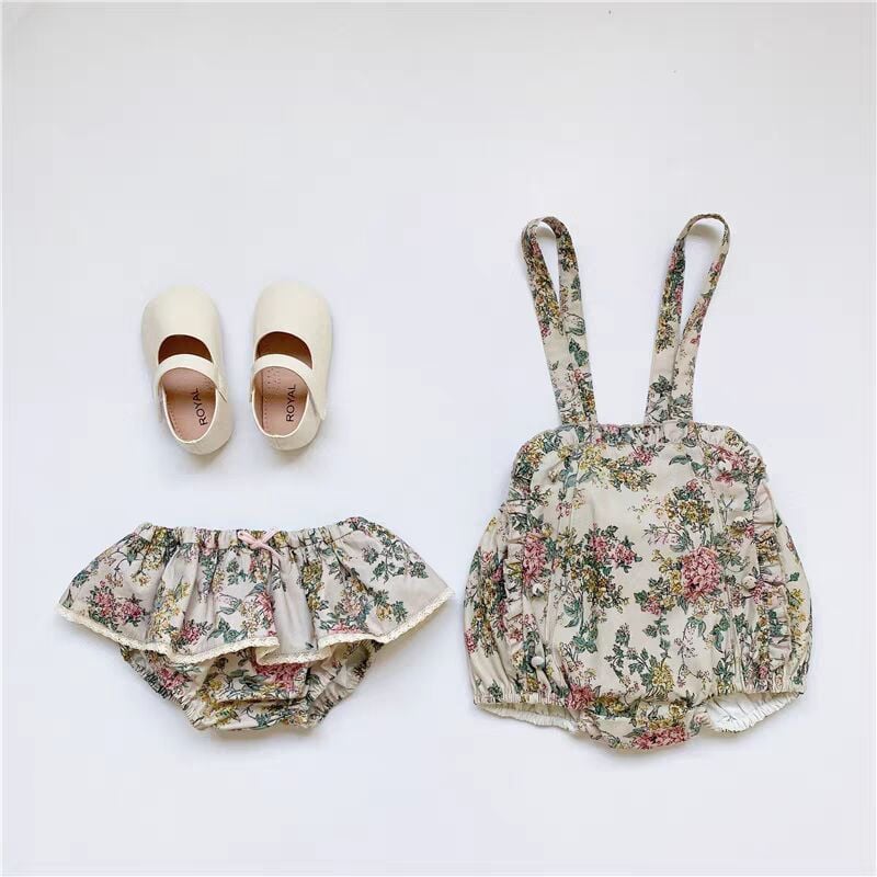 Korean Style Floral Overall for Baby Girls, Ruffle Sweet Princess Lace Strap Pants, Printed Jumpsuit for Kids