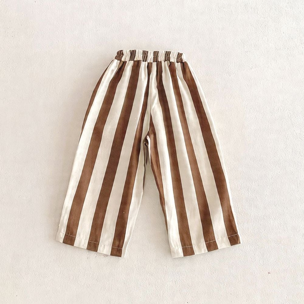 Boys & Girls Striped Drawstring Casual Pants, Loose Breathable Linen Cotton Trousers for Kids