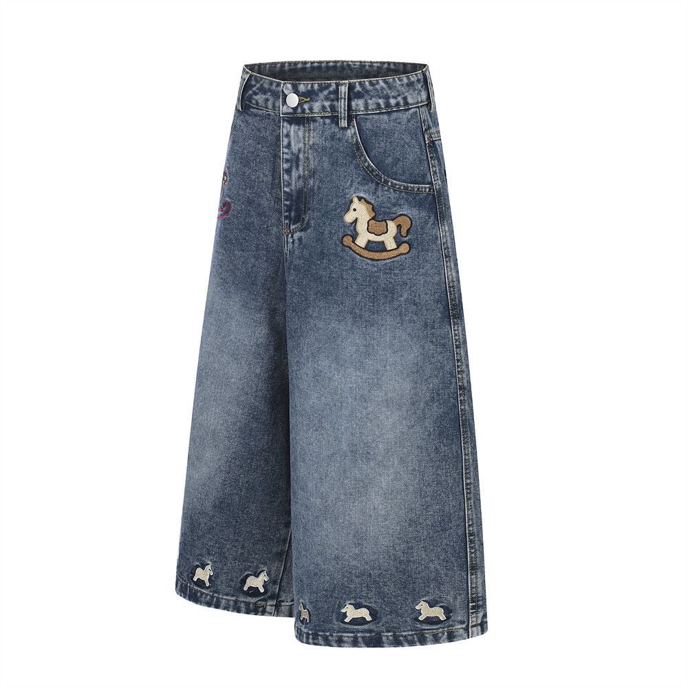 Men’s American Vintage Cartoon Carousel Horse Embroidered Denim 3/4 Shorts, Washed Distressed Cargo Loose Wide‑Leg Straight Pants