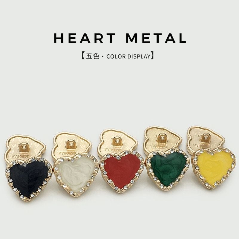 Colorful diamond-embellished heart-shaped metal suit buttons
