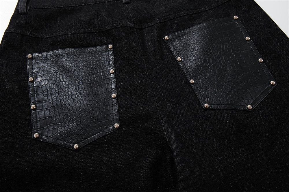 Men’s Summer Design‑Forward Denim 5‑Inch Shorts, Stud & Croc‑Embossed PU Leather Splicing, Button‑Placket Straight‑Cut High‑Street Trendy Shorts