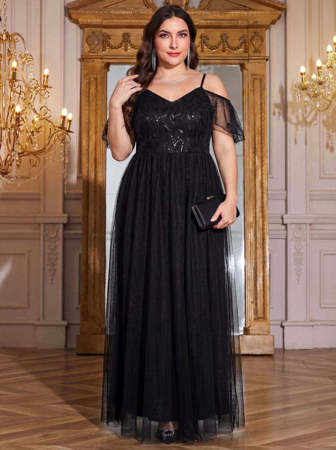 Plus Size Sequin Dress, Spaghetti Strap Flutter Sleeve
