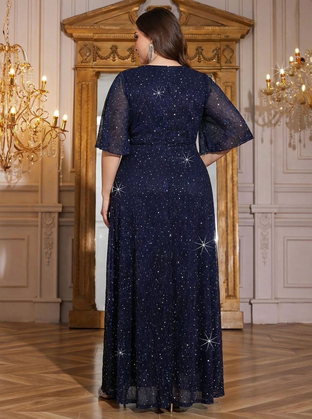 Plus Size Women European Style V-neck Long Sleeve Slit Sequin Elegant Dress