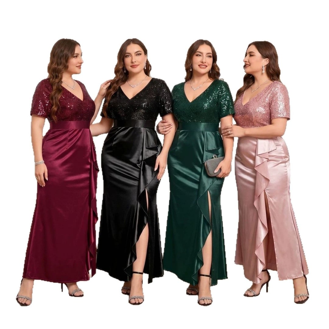 Plus Size Women V-Neck Short Sleeve Split Sequin Elegant Dress