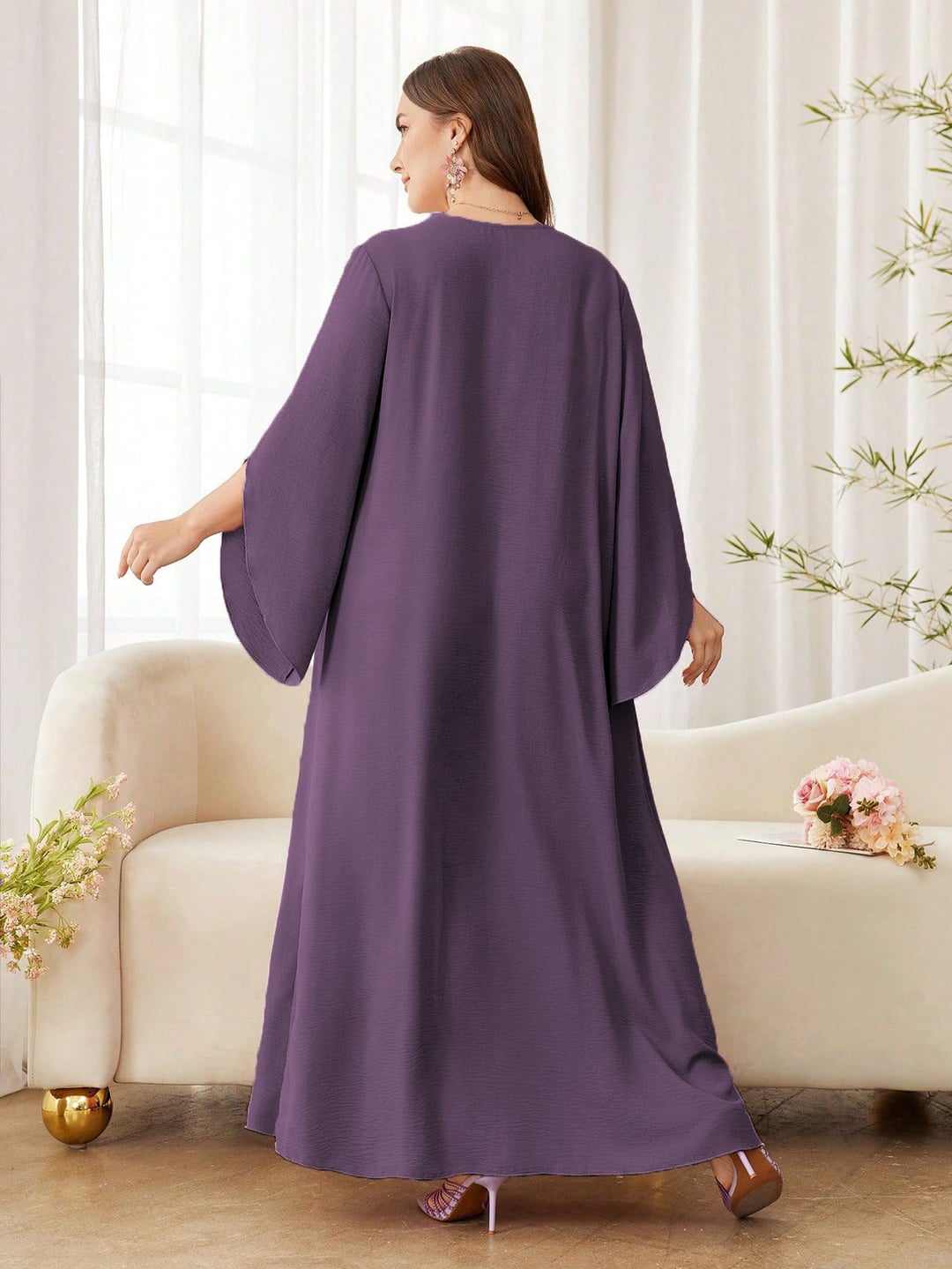 Plus Size Women Ethnic Style Loose Long Dress, V Neck
