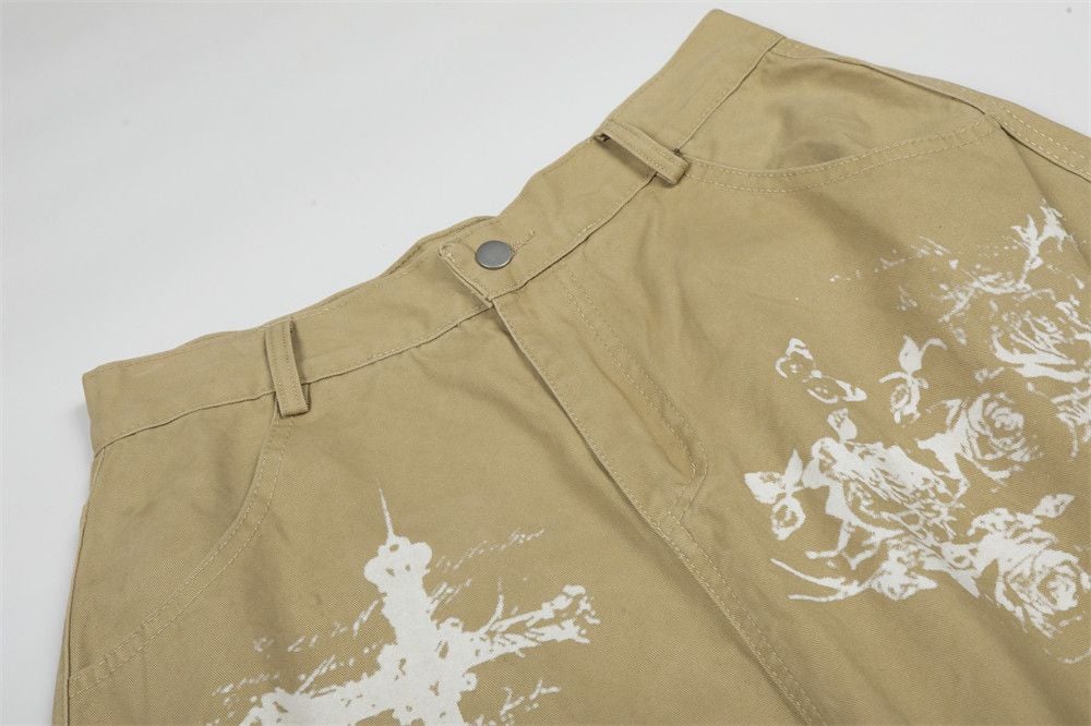 Men's American High Street Cross Printed Cargo Five-Point Shorts Summer