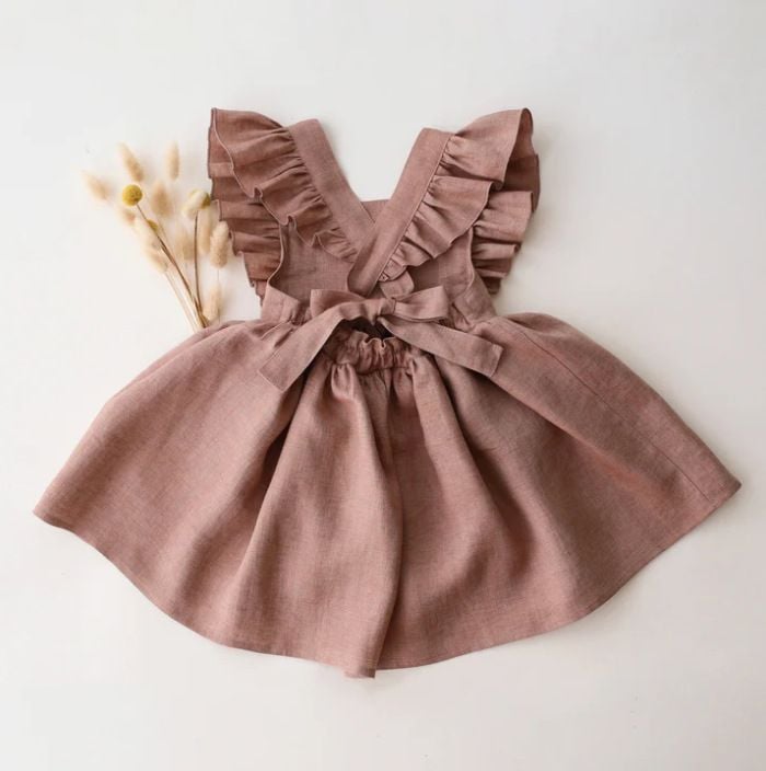 Spring & Summer Cotton Linen Baby Girls Outfit, Ruffled Princess Dress for Toddlers