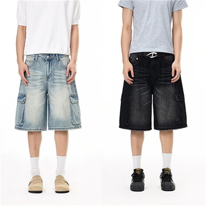 Men's American Vintage Washed Denim Cargo Shorts, Loose Casual Fit