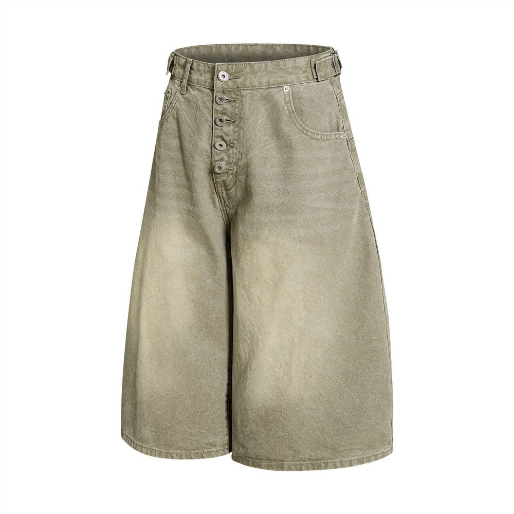 Men’s Summer Punk Street‑Style Canvas Work Shorts, Button Fly, Washed Distressed, Loose Fit, 7/8 Length