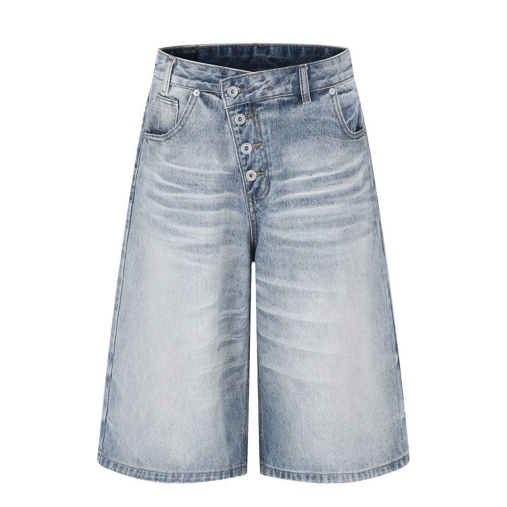 Men Light‑Wash Distressed Denim 5‑Point Shorts Summer Button Fly Offset Placket Stylish Casual Shorts