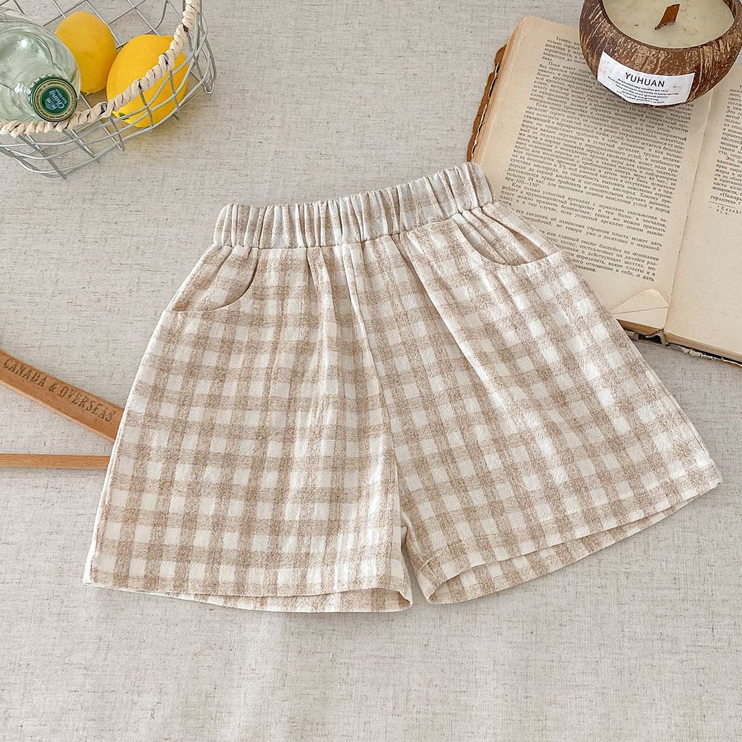 Boys Plaid Linen Cotton Shorts, Thin Breathable Casual Home Shorts for Summer