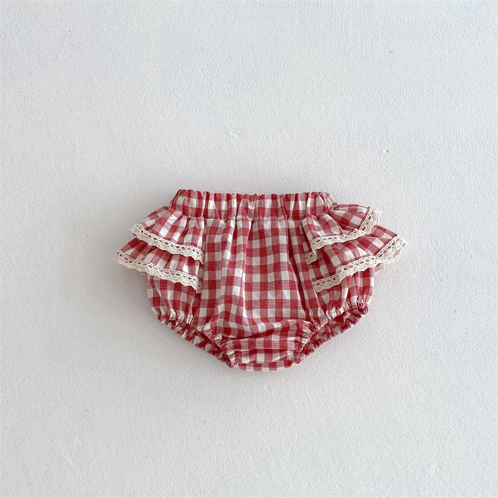 Infant Tiered Skort with Plaid & Lace, Double Ruffle Design, Loose Diaper-Friendly Shorts for Baby Girls