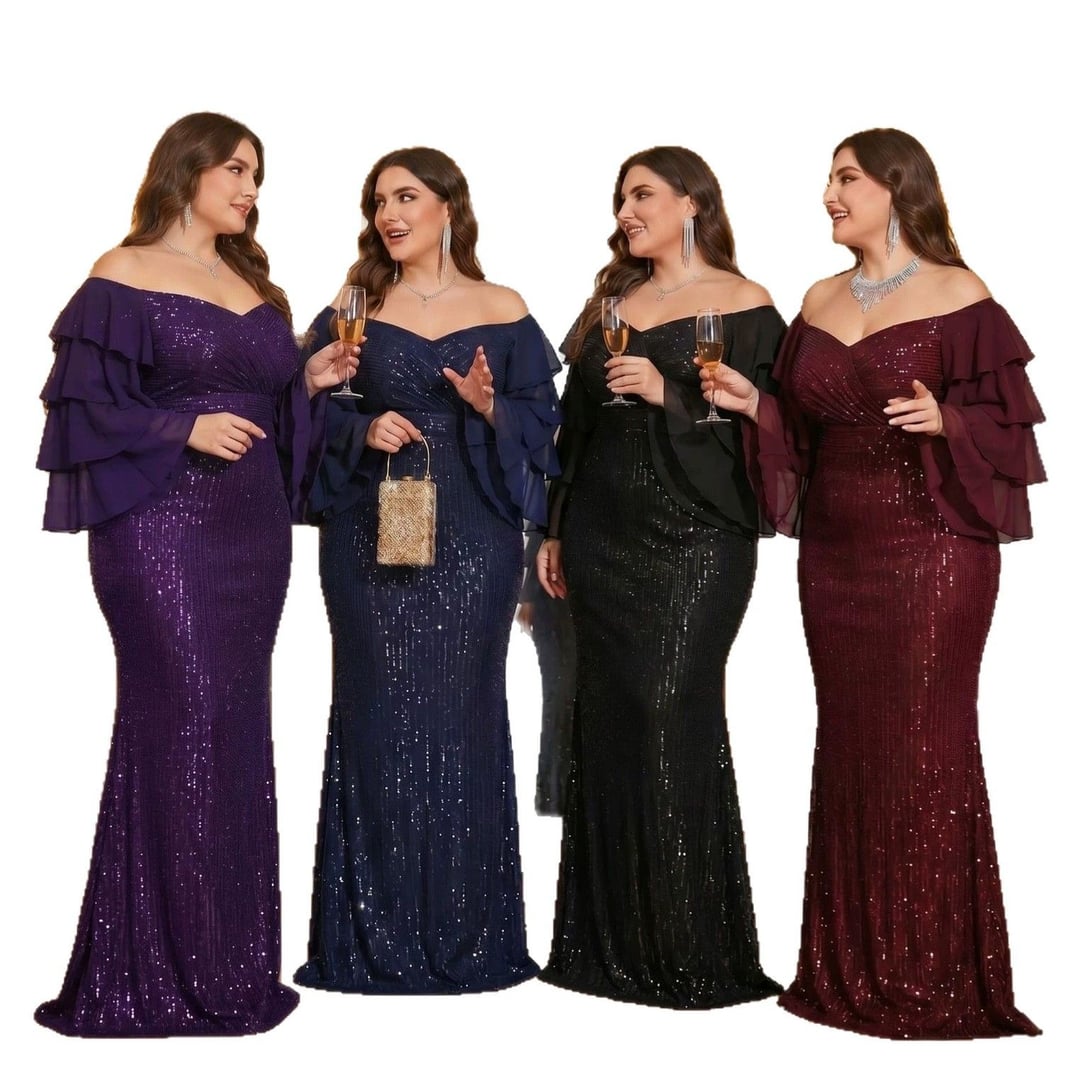 Plus Size Women Off Shoulder Cake Sleeve Dress, Elegant European American Style