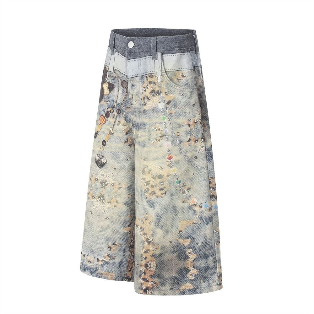 Men’s Niche Hip‑Hop Denim 5‑Inch Shorts, Fake Two‑Piece Look With Digital Print, Loose Straight‑Leg Trendy Streetwear Shorts For Summer