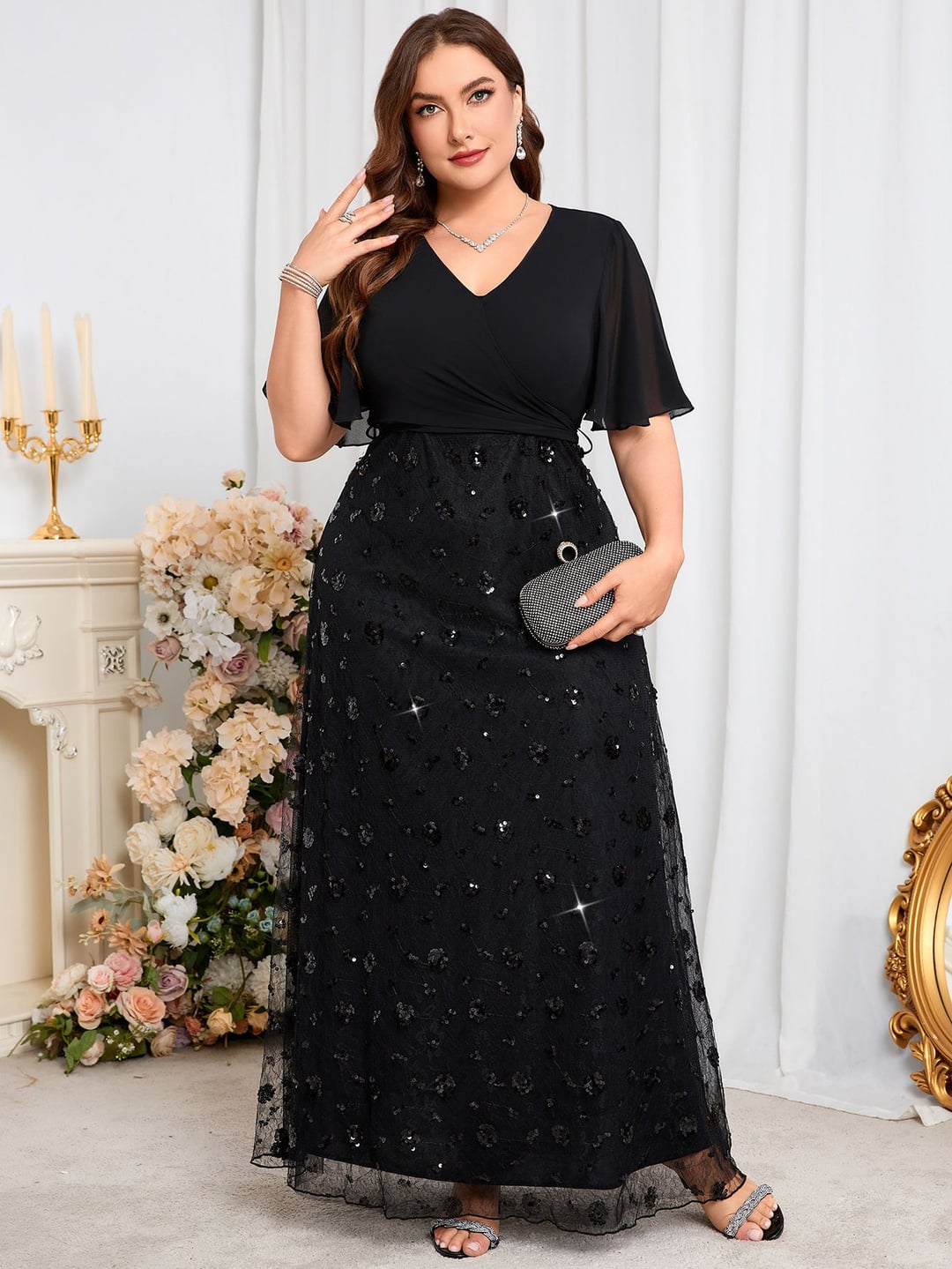 Sequin Chiffon Bridesmaid Dress Short Sleeve Waist Evening Gown