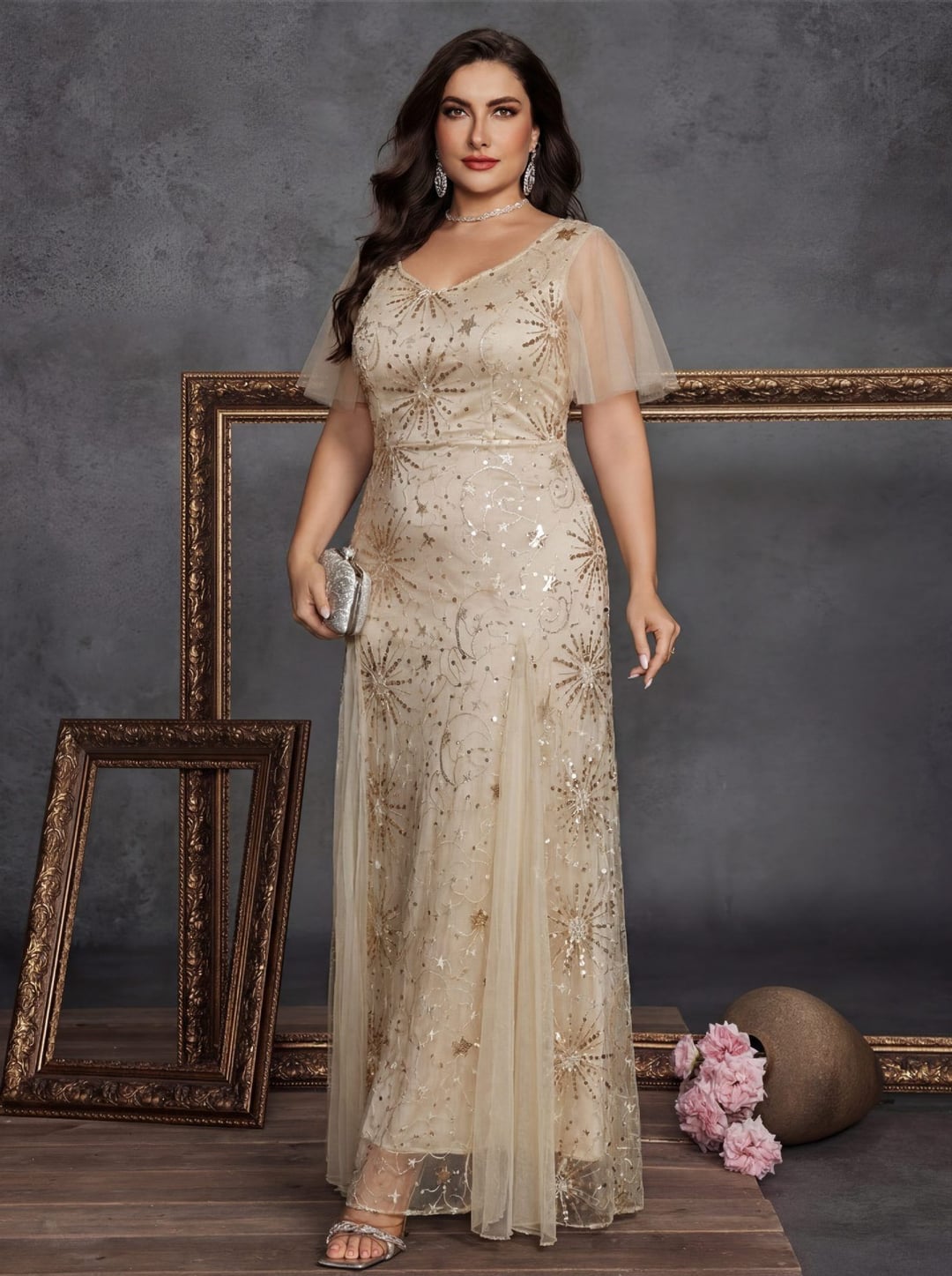 V-neck Short Sleeve Sunflower Print Elegant Evening Dress