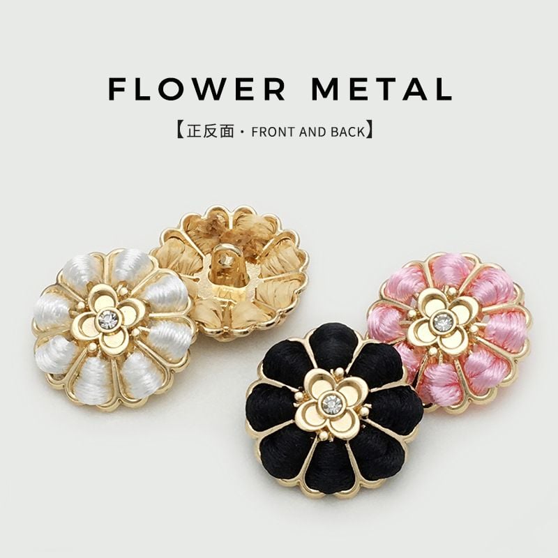 Vintage Rhinestone Metal Flower Buttons with Hand Woven Detail