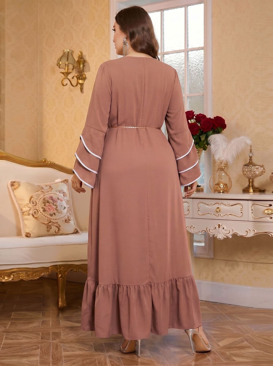 Plus Size Women Ethnic Style Long Loose Dress With Golden Waist Belt
