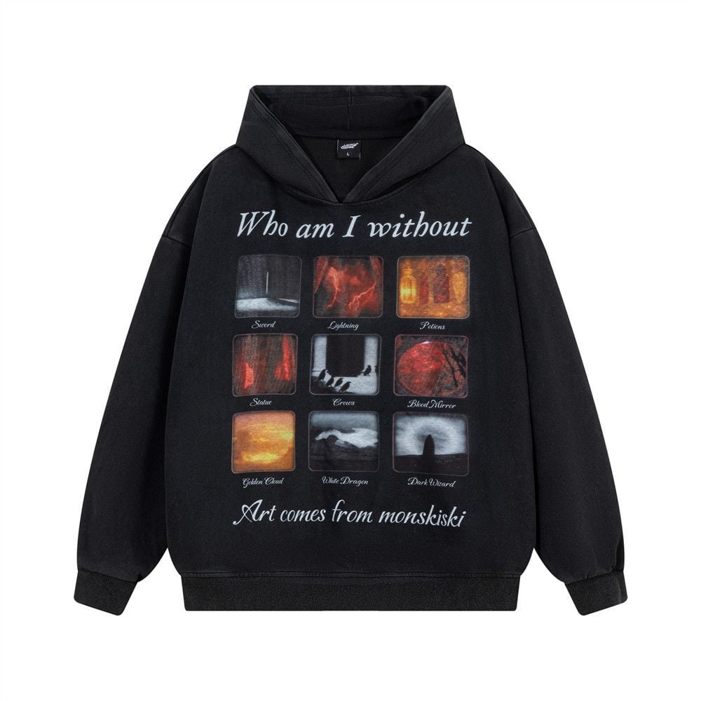Men Creative 9‑Grid Graphic Print Pullover Hoodie, Washed Loose Hip‑Hop Street‑Style Sweatshirt for Spring Autumn