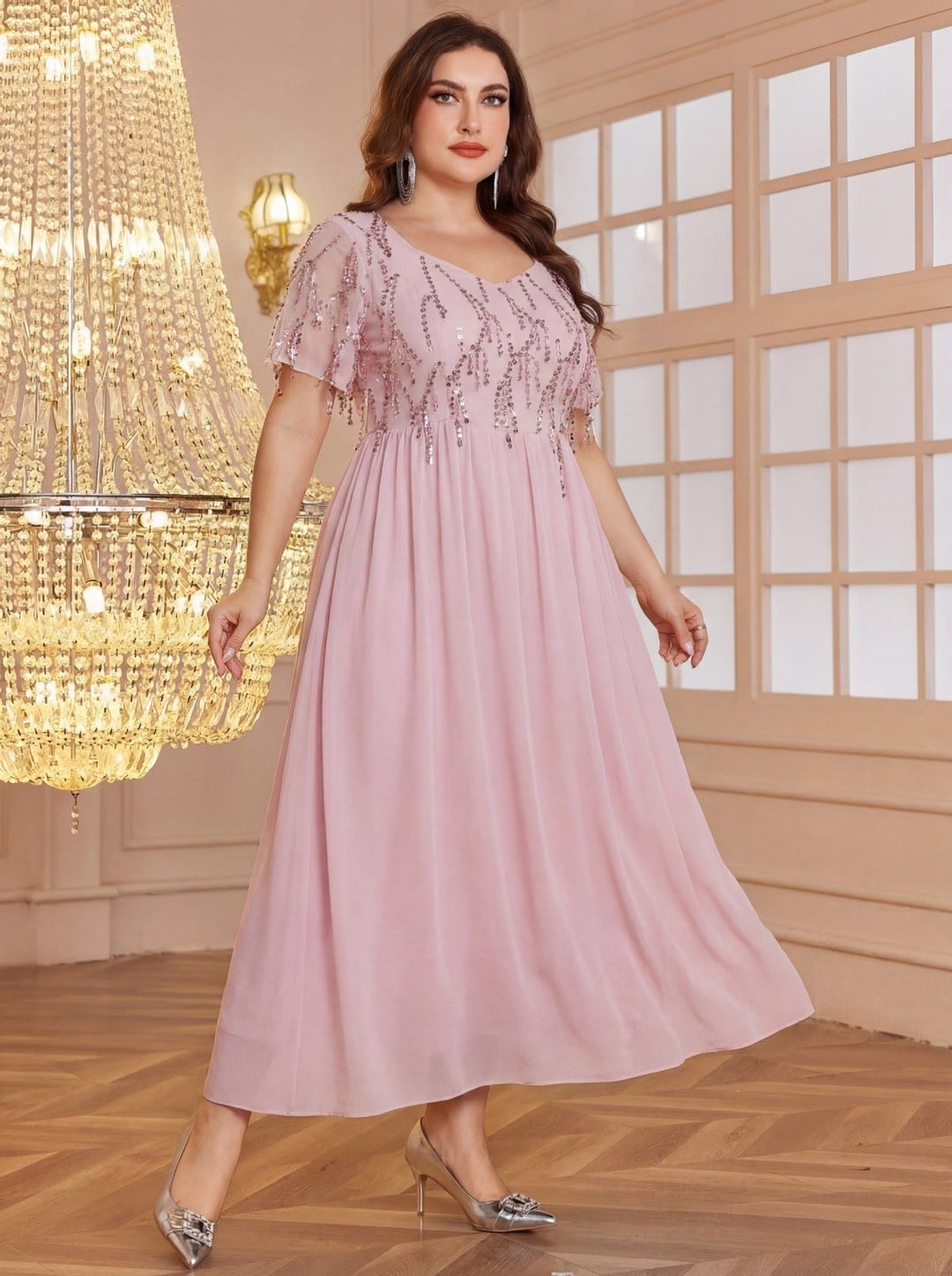 Plus Size European American Square Neck Short Sleeve Tassel Sequin Top