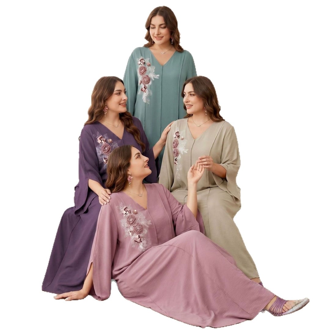 Plus Size Women Ethnic Style Loose Long Dress, V Neck