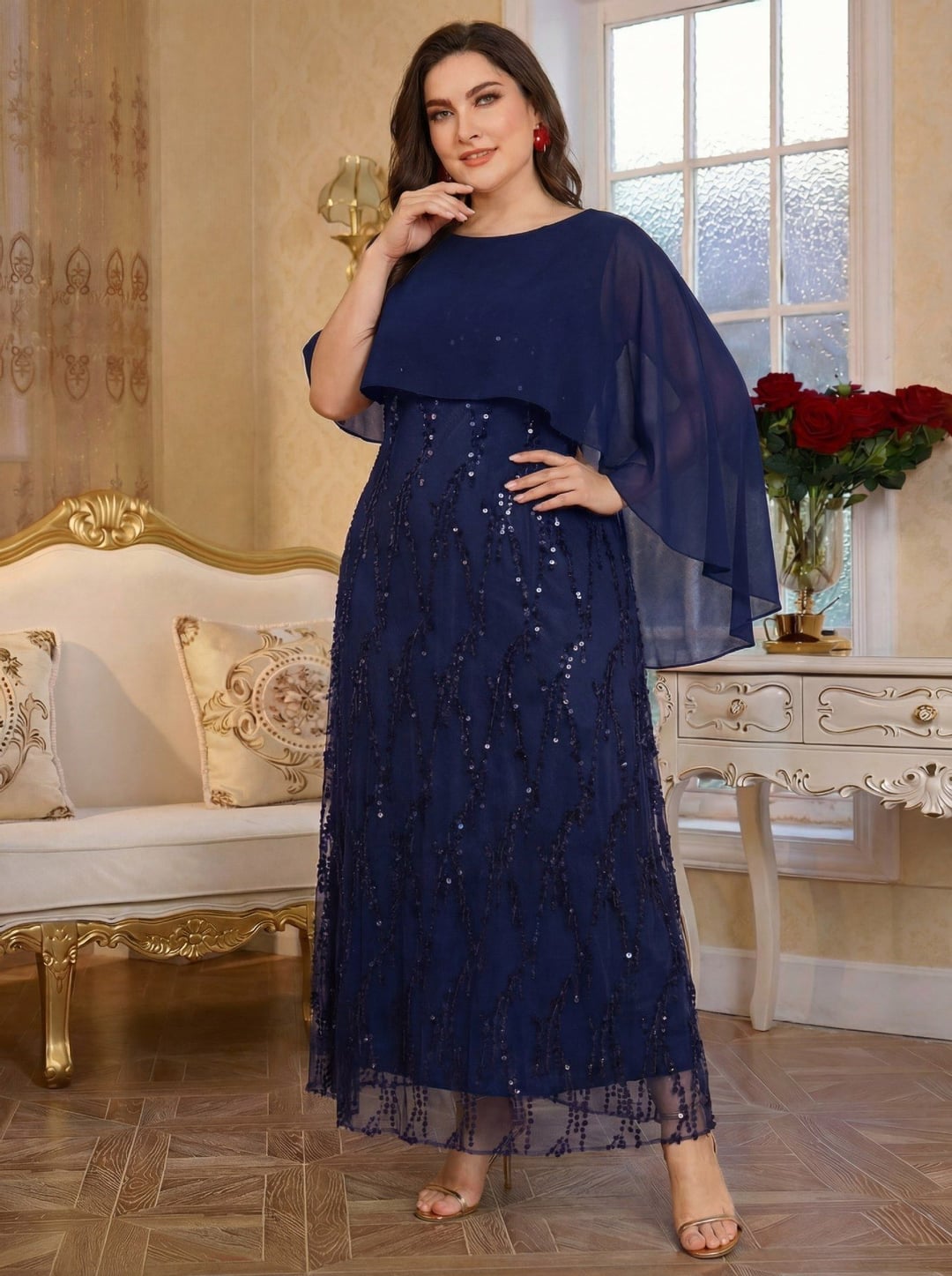 Plus Size Sequin Cami Dress With Shawl For Women