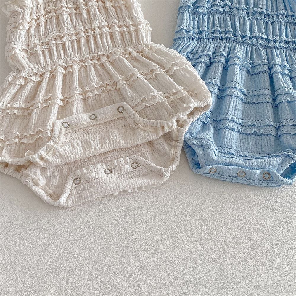 Korean Style Baby Girls Cami Romper, Lace Trim Sleeveless Bodysuit Thin Triangle Onesie for Summer