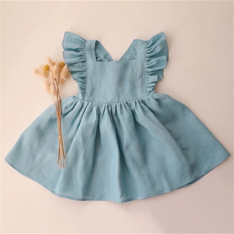 Spring & Summer Cotton Linen Baby Girls Outfit, Ruffled Princess Dress for Toddlers